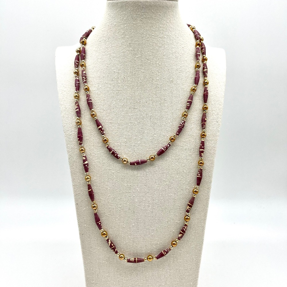 Long Beaded Necklaceโ Purple Gold Accent Beads Paper Beads Bohemian Style